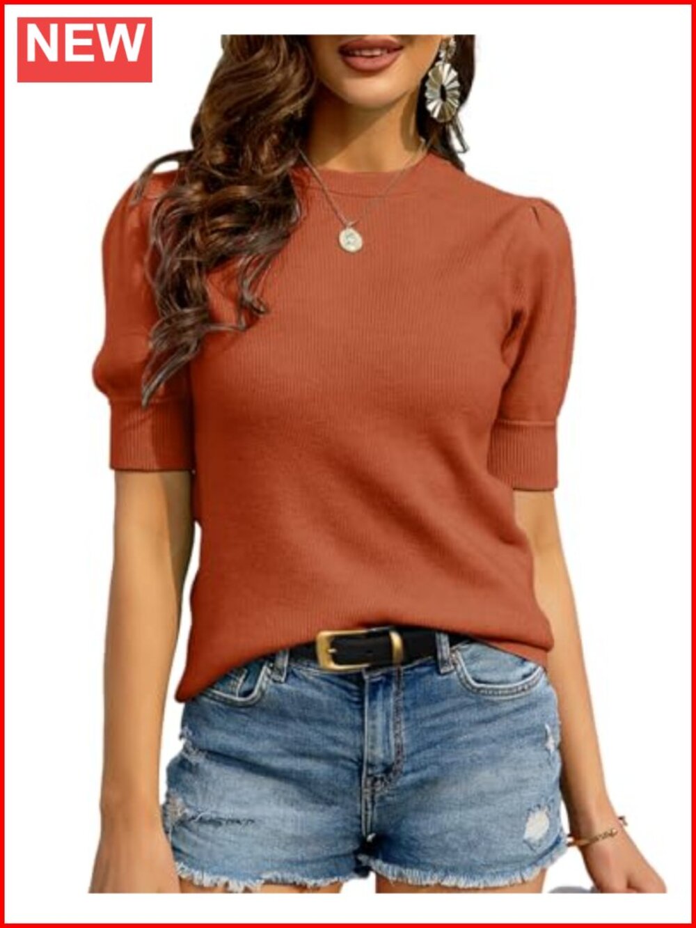 Womens Puff Short Sleeve Sweater Ribbed Knit Crew Neck Pullover Top